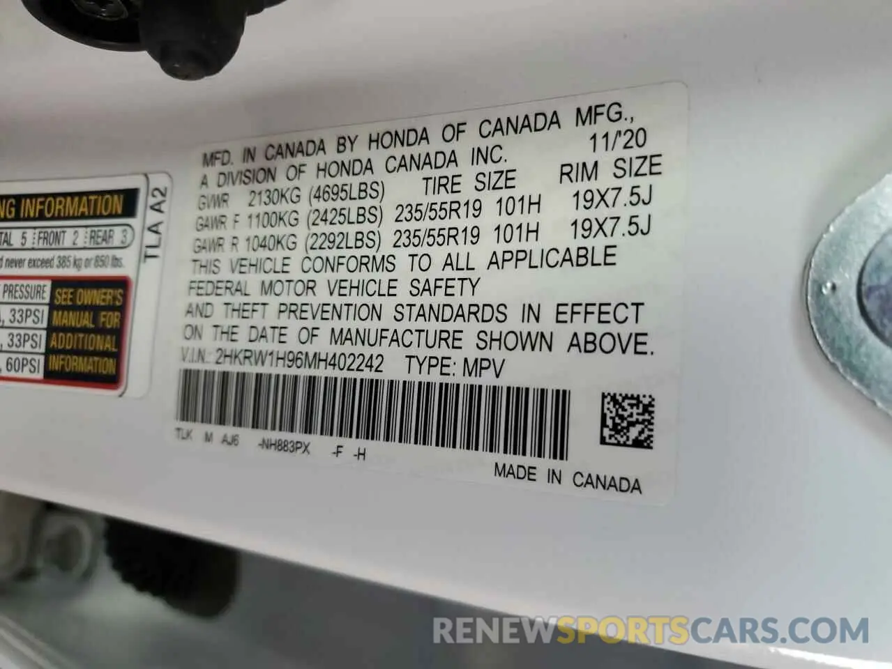 12 fotografías del automóvil dañado 2HKRW1H96MH402242 HONDA CRV 2021