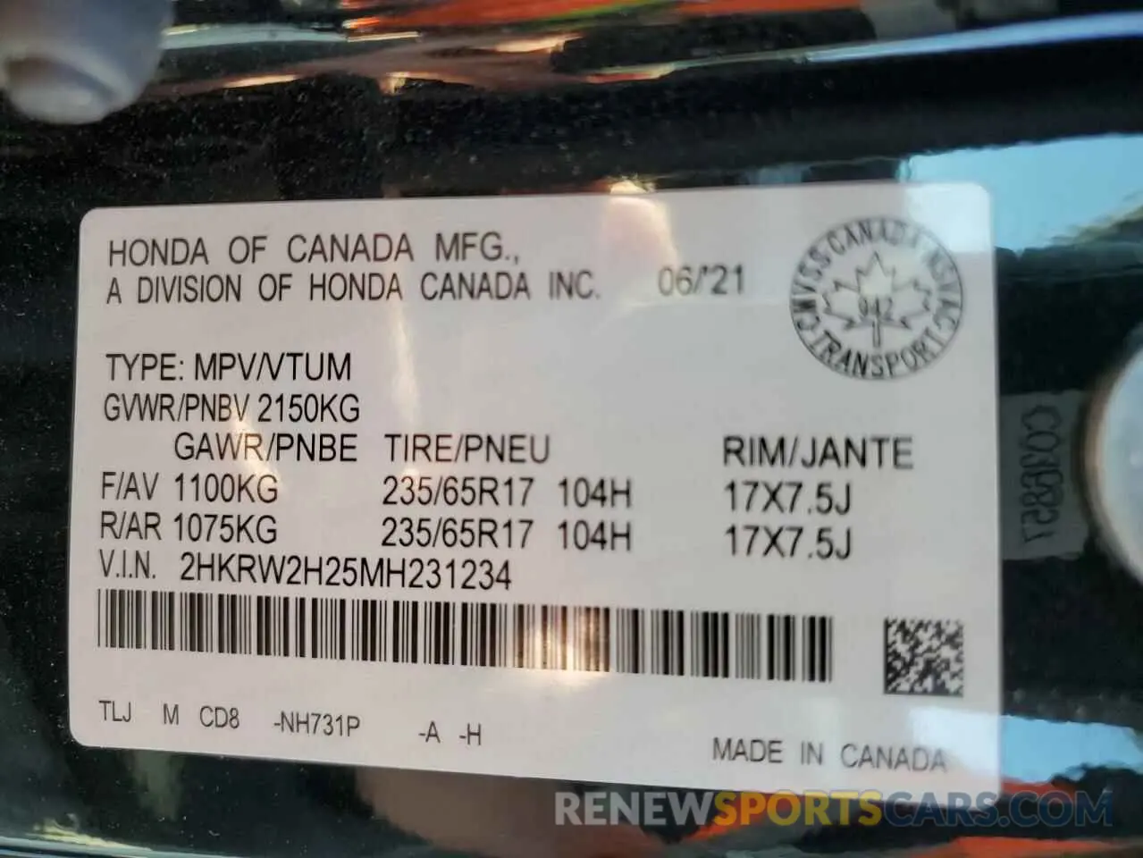 13 fotografías del automóvil dañado 2HKRW2H25MH231234 HONDA CRV 2021