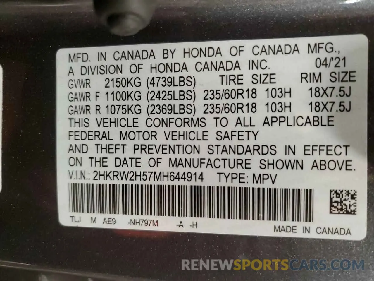 13 fotografías del automóvil dañado 2HKRW2H57MH644914 HONDA CRV 2021
