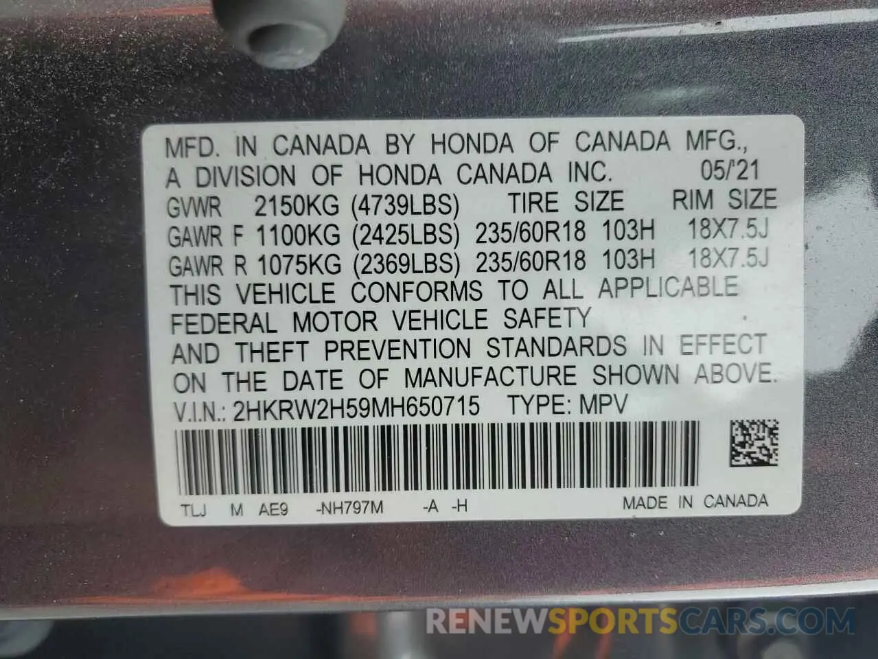 15 fotografías del automóvil dañado 2HKRW2H59MH650715 HONDA CRV 2021