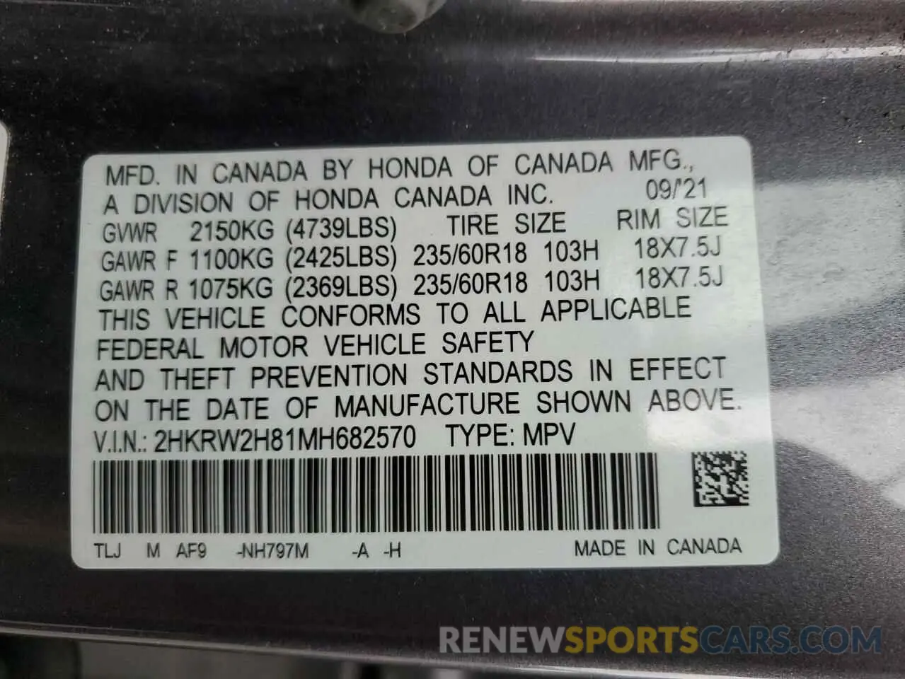 13 fotografías del automóvil dañado 2HKRW2H81MH682570 HONDA CRV 2021