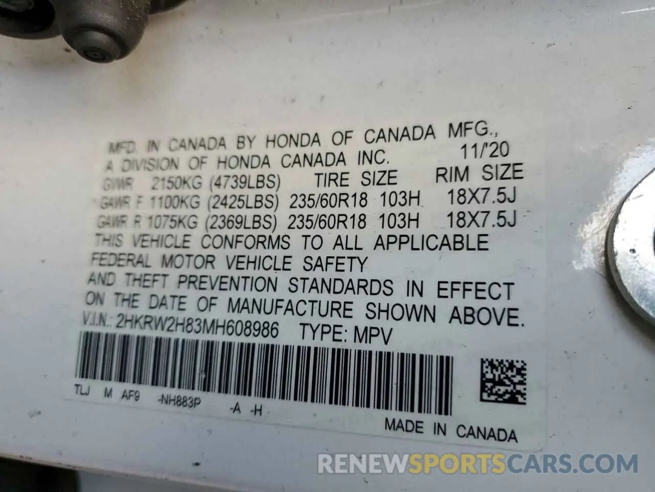 13 fotografías del automóvil dañado 2HKRW2H83MH608986 HONDA CRV 2021