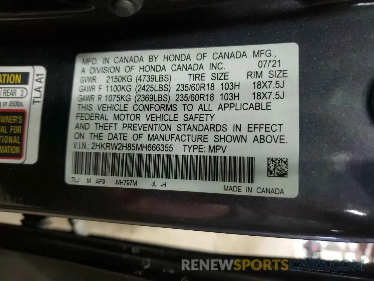13 fotografías del automóvil dañado 2HKRW2H85MH666355 HONDA CRV 2021