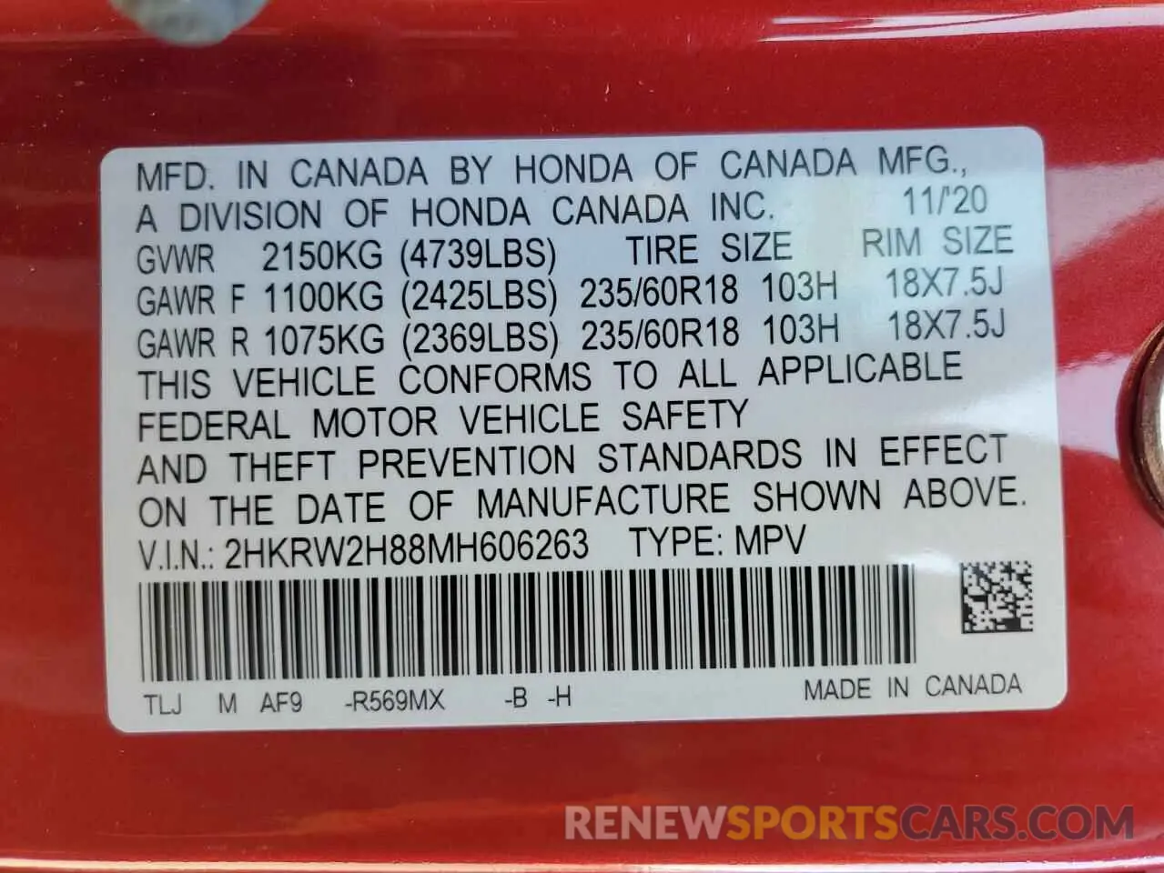 13 fotografías del automóvil dañado 2HKRW2H88MH606263 HONDA CRV 2021