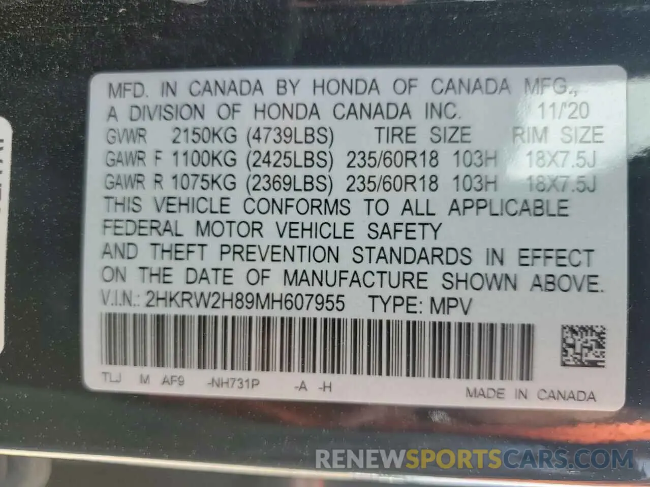 12 fotografías del automóvil dañado 2HKRW2H89MH607955 HONDA CRV 2021