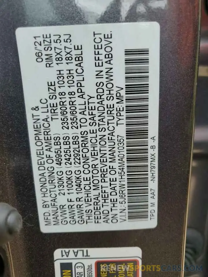 15 fotografías del automóvil dañado 5J6RW1H54MA010357 HONDA CRV 2021
