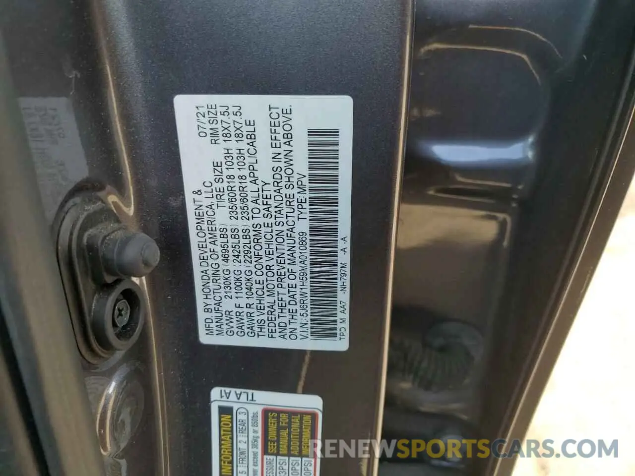 15 fotografías del automóvil dañado 5J6RW1H59MA010869 HONDA CRV 2021