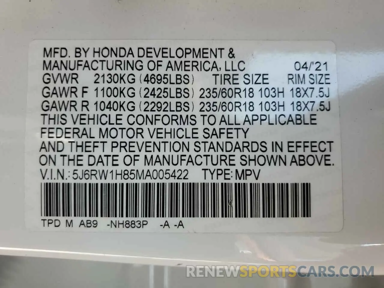 14 fotografías del automóvil dañado 5J6RW1H85MA005422 HONDA CRV 2021