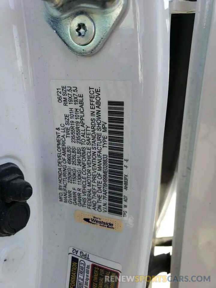 13 fotografías del automóvil dañado 7FART6H99ME028833 HONDA CRV 2021