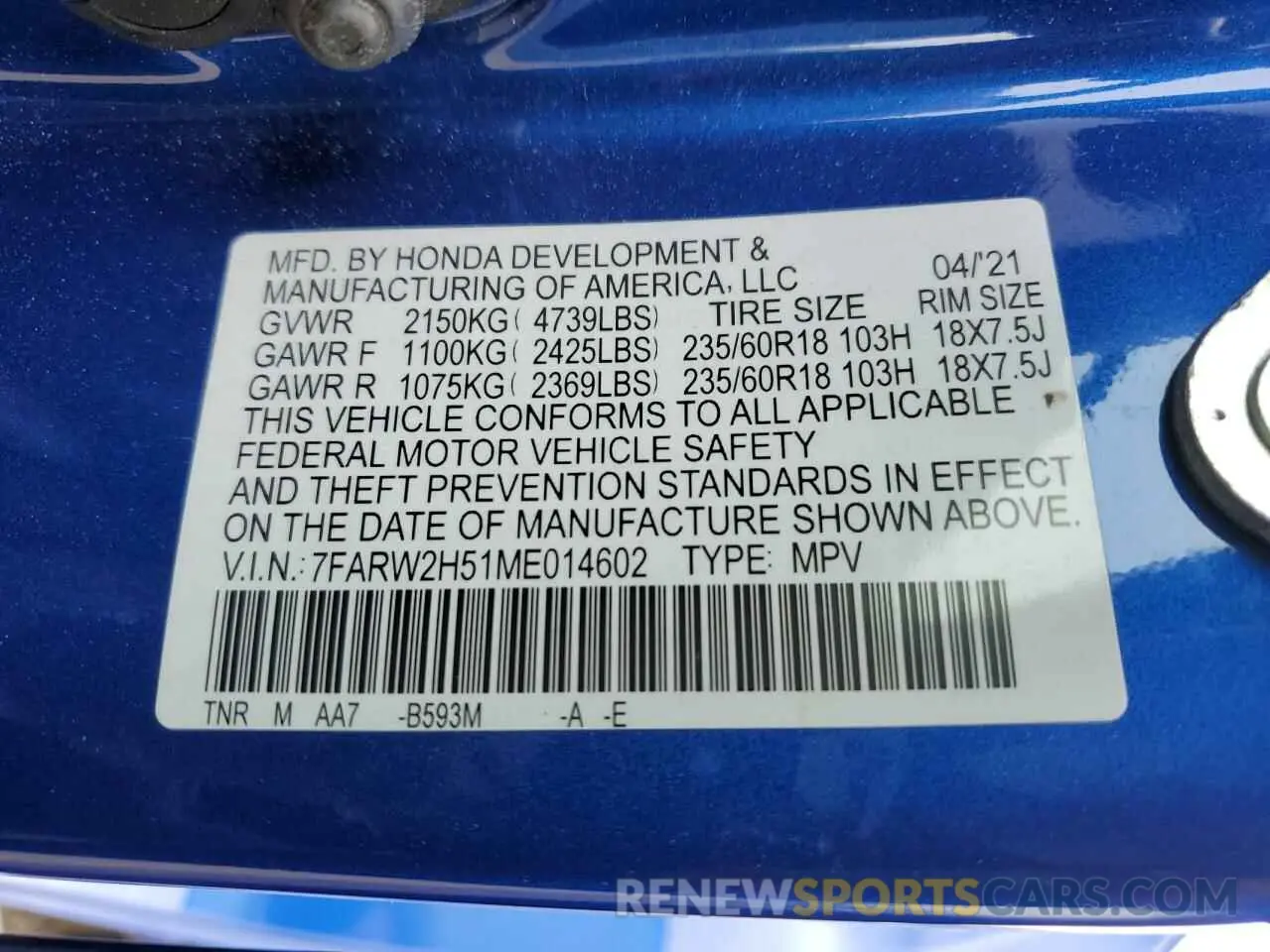 13 fotografías del automóvil dañado 7FARW2H51ME014602 HONDA CRV 2021