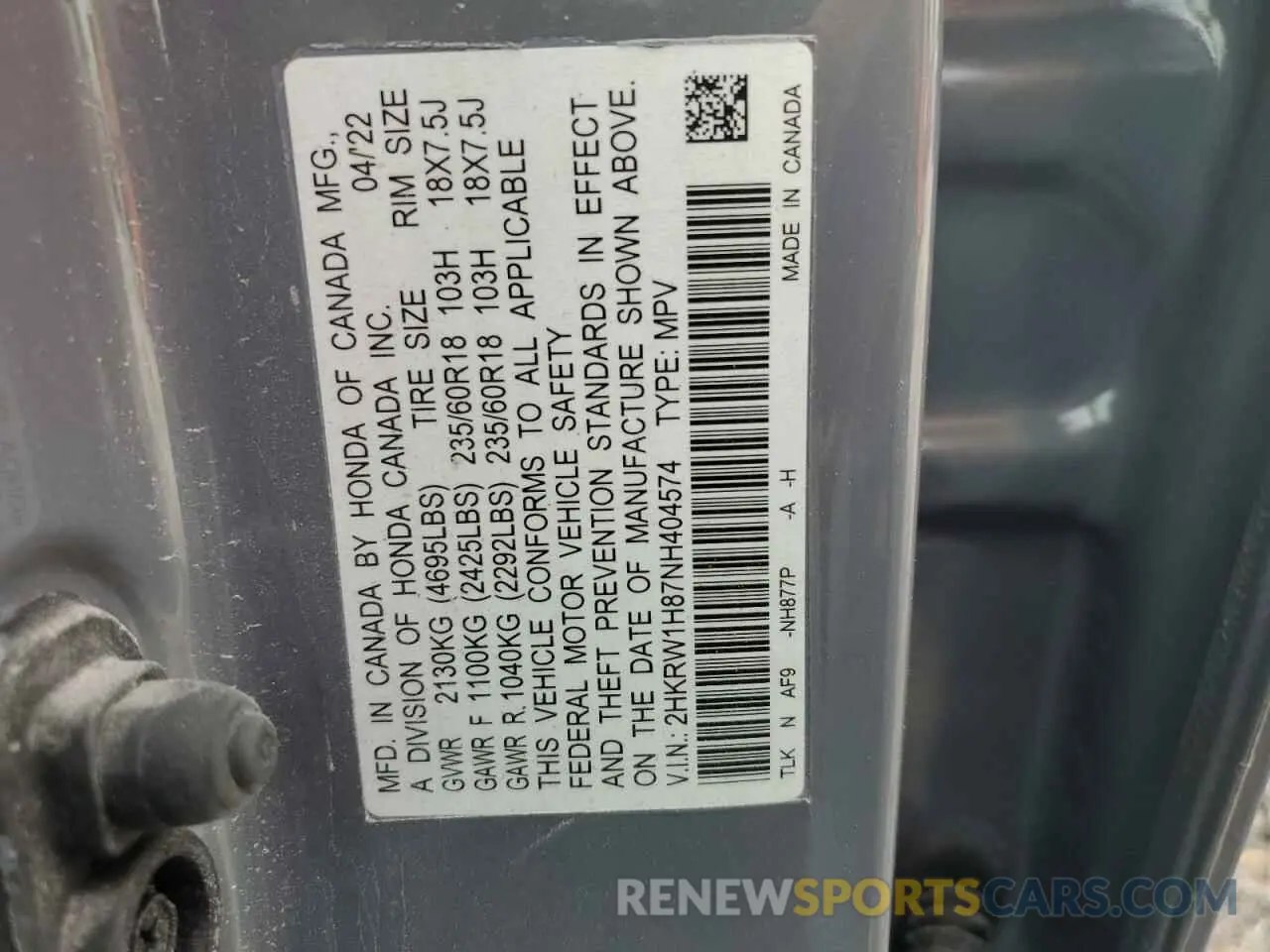 13 fotografías del automóvil dañado 2HKRW1H87NH404574 HONDA CRV 2022
