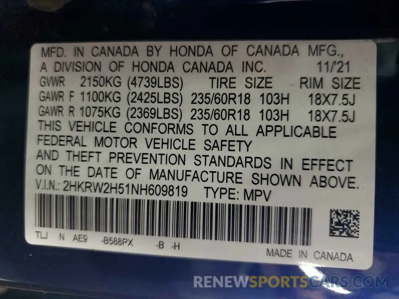 14 fotografías del automóvil dañado 2HKRW2H51NH609819 HONDA CRV 2022
