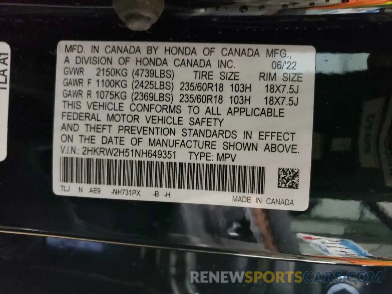 13 fotografías del automóvil dañado 2HKRW2H51NH649351 HONDA CRV 2022