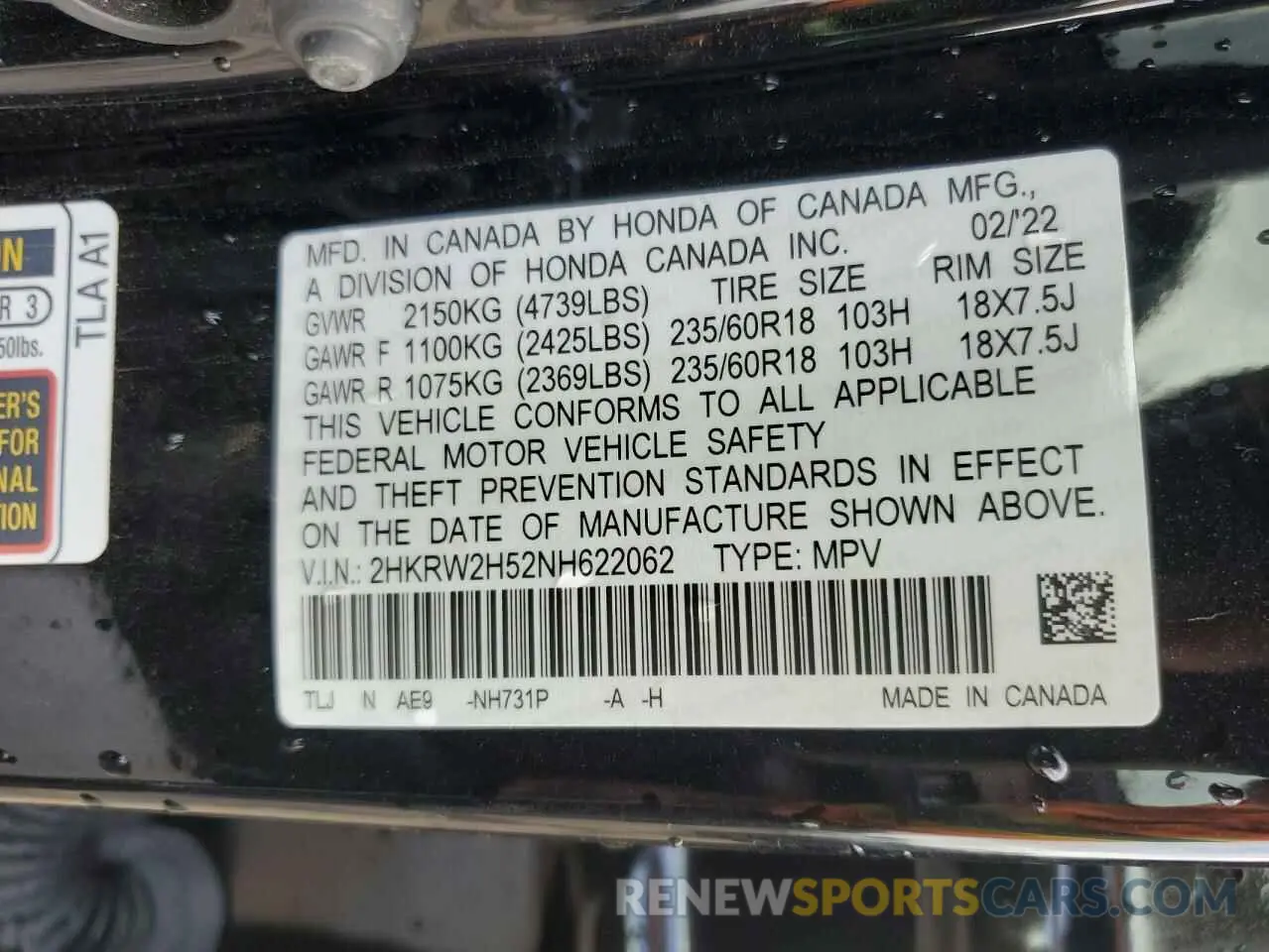 13 fotografías del automóvil dañado 2HKRW2H52NH622062 HONDA CRV 2022