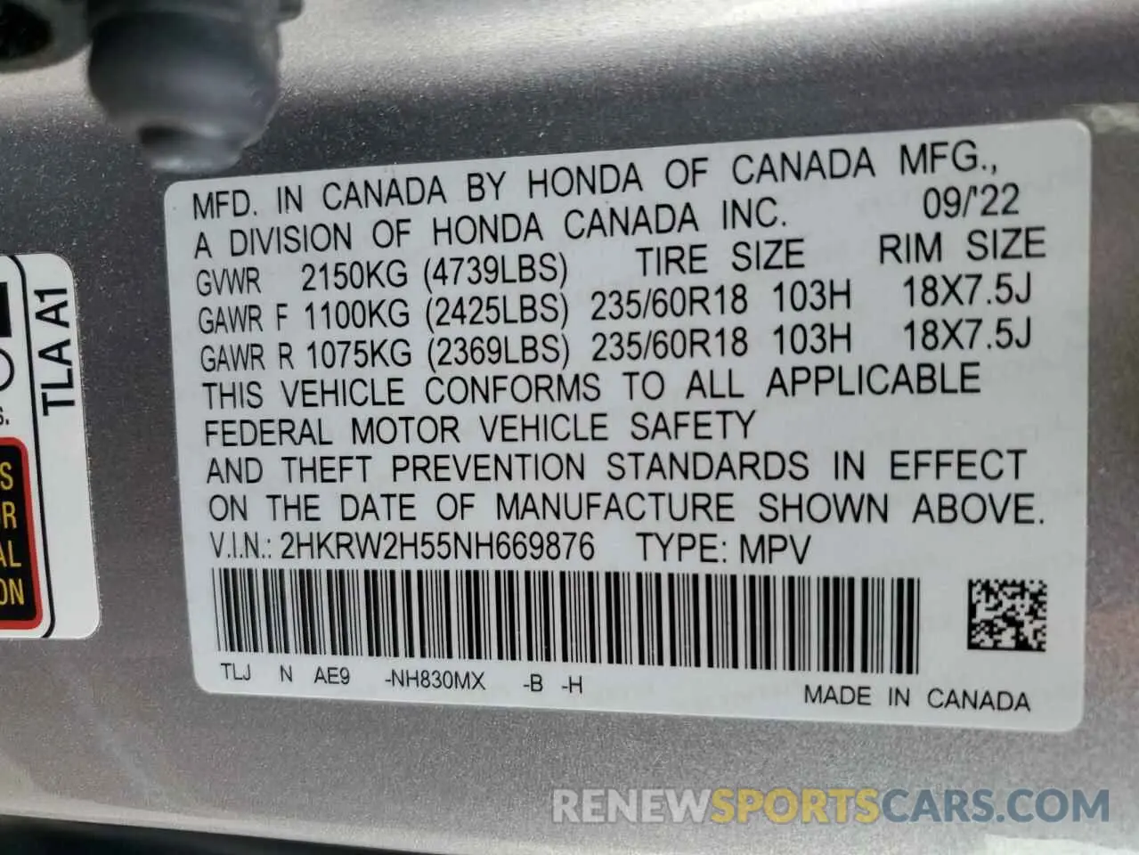 13 fotografías del automóvil dañado 2HKRW2H55NH669876 HONDA CRV 2022