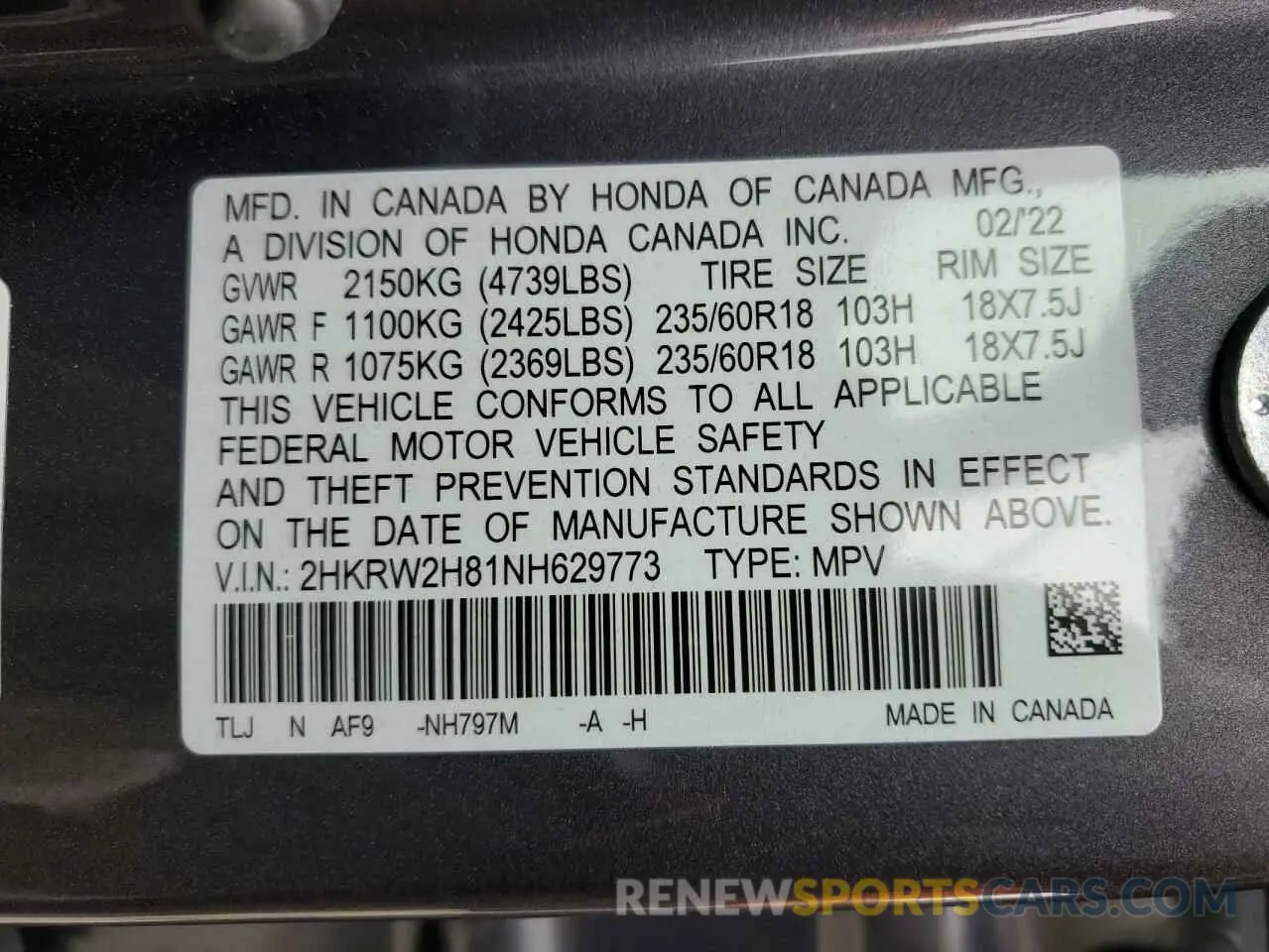 13 fotografías del automóvil dañado 2HKRW2H81NH629773 HONDA CRV 2022