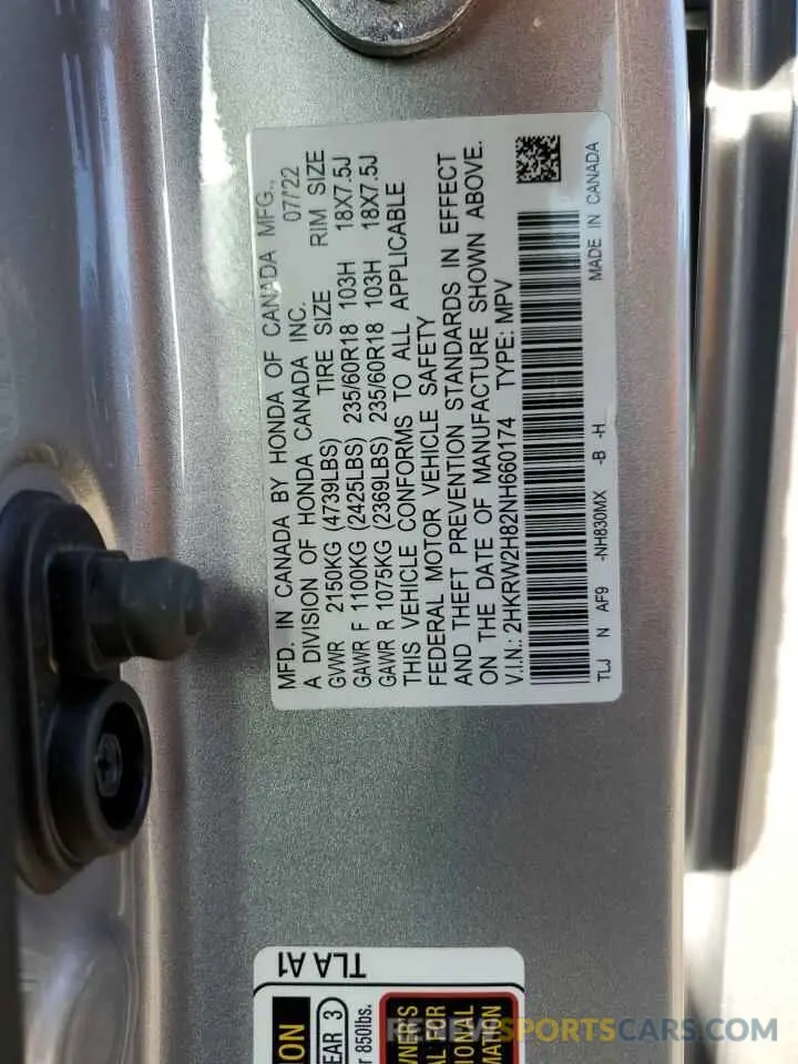 13 fotografías del automóvil dañado 2HKRW2H82NH660174 HONDA CRV 2022
