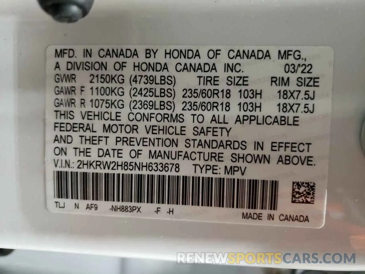 14 fotografías del automóvil dañado 2HKRW2H85NH633678 HONDA CRV 2022