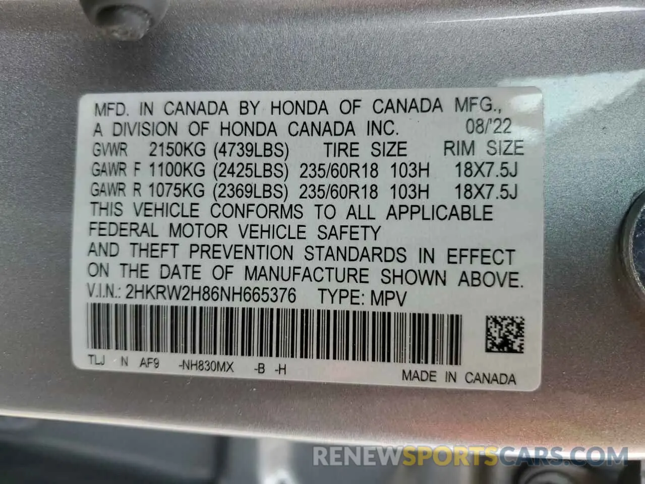 13 fotografías del automóvil dañado 2HKRW2H86NH665376 HONDA CRV 2022