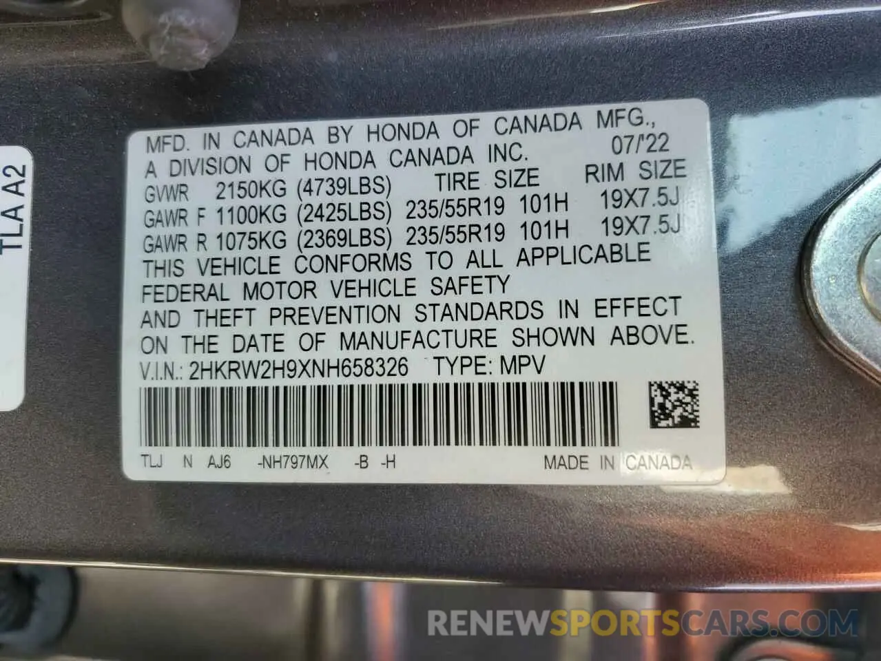 15 fotografías del automóvil dañado 2HKRW2H9XNH658326 HONDA CRV 2022