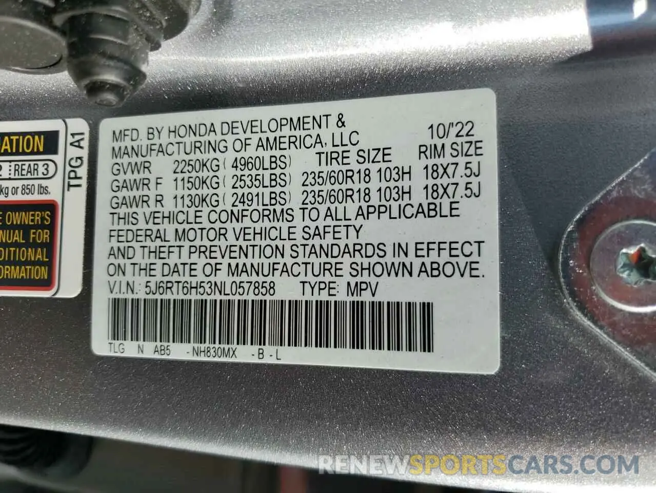 14 fotografías del automóvil dañado 5J6RT6H53NL057858 HONDA CRV 2022