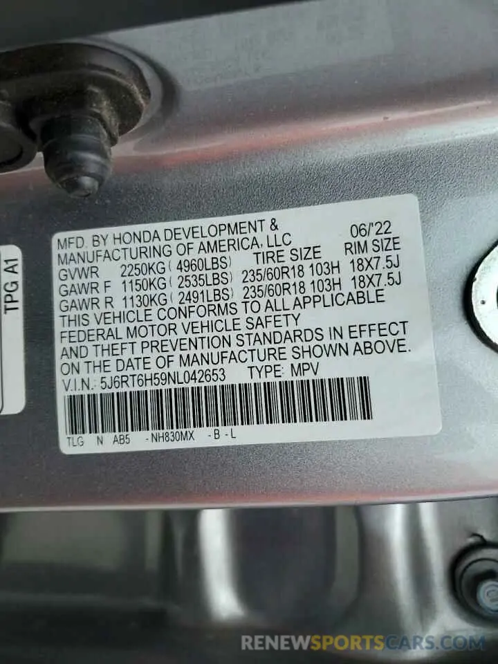 12 fotografías del automóvil dañado 5J6RT6H59NL042653 HONDA CRV 2022