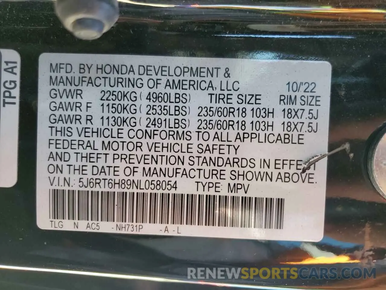 14 fotografías del automóvil dañado 5J6RT6H89NL058054 HONDA CRV 2022