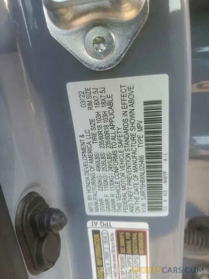 13 fotografías del automóvil dañado 5J6RT6H8XNL025466 HONDA CRV 2022