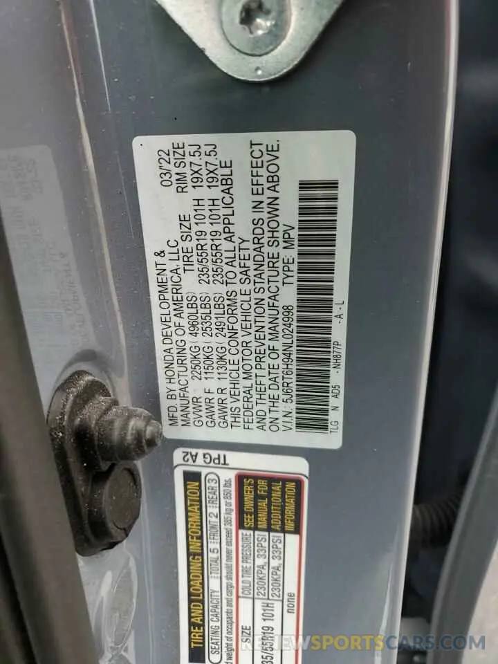 15 fotografías del automóvil dañado 5J6RT6H94NL024998 HONDA CRV 2022