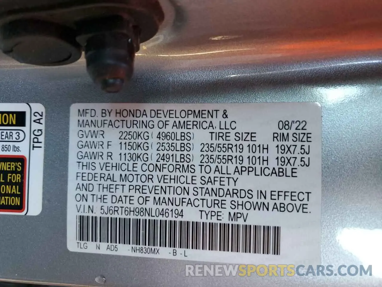 15 fotografías del automóvil dañado 5J6RT6H98NL046194 HONDA CRV 2022