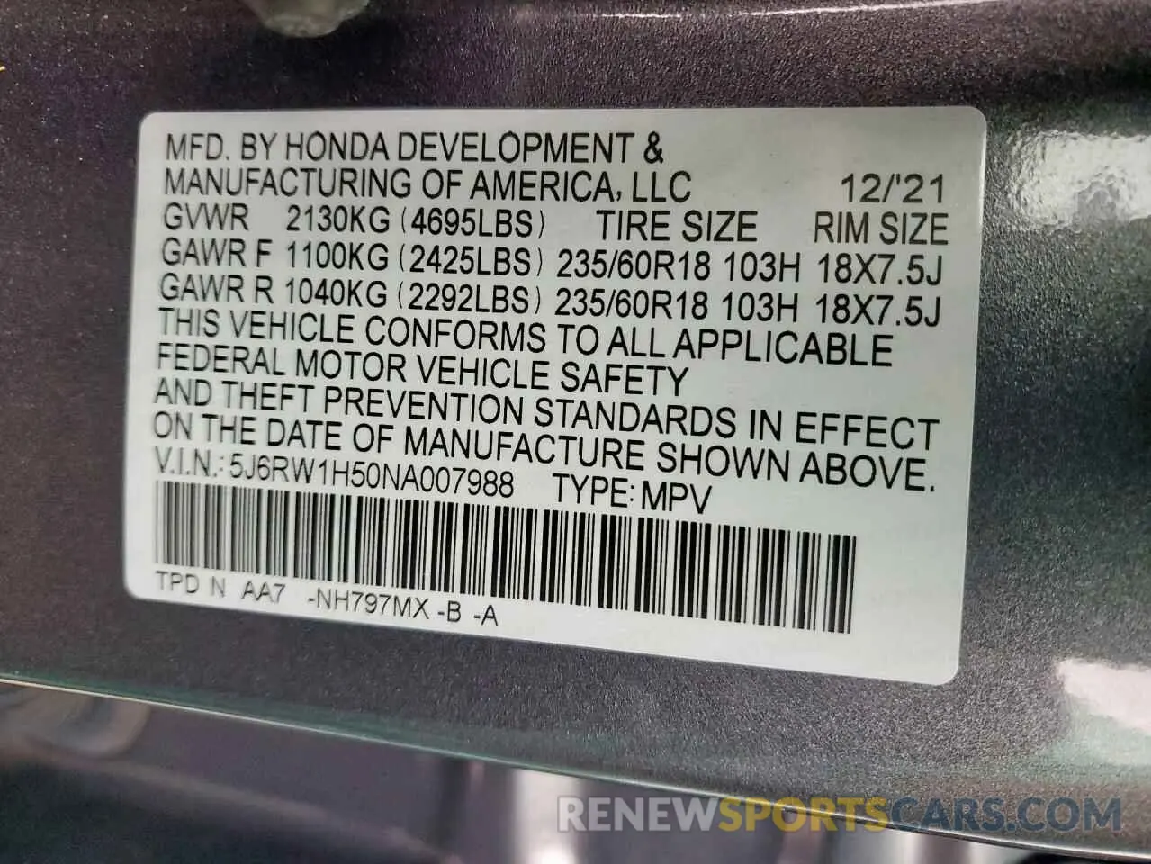 14 fotografías del automóvil dañado 5J6RW1H50NA007988 HONDA CRV 2022