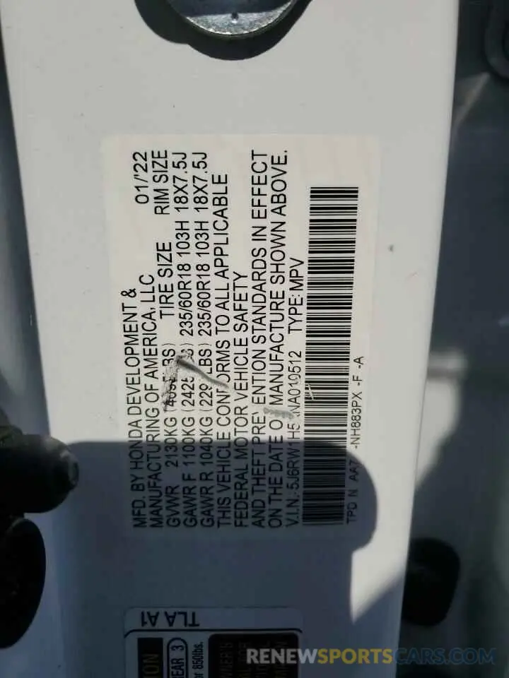 14 fotografías del automóvil dañado 5J6RW1H5XNA010512 HONDA CRV 2022