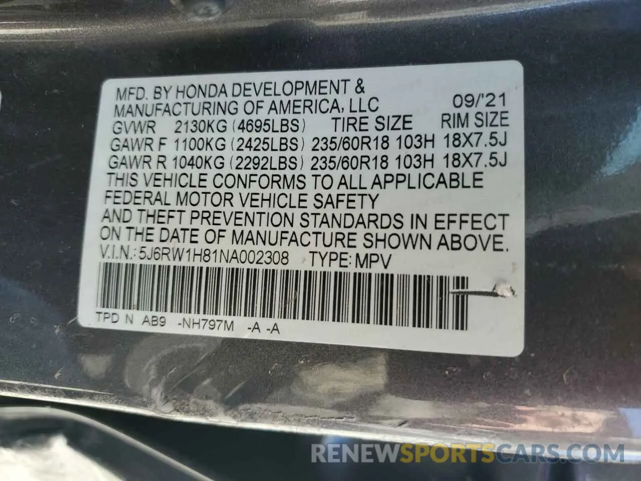 12 fotografías del automóvil dañado 5J6RW1H81NA002308 HONDA CRV 2022