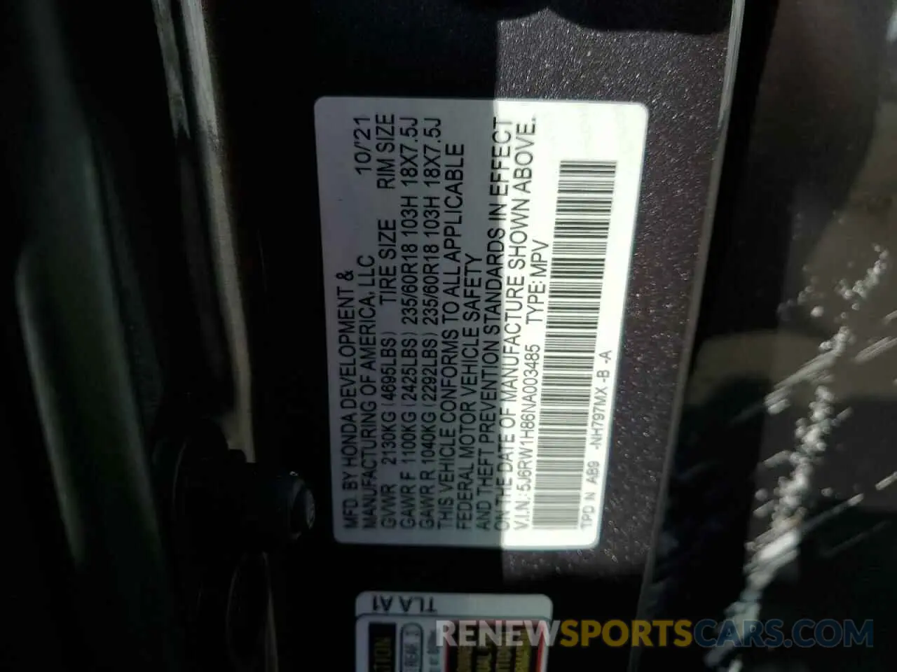 13 fotografías del automóvil dañado 5J6RW1H86NA003485 HONDA CRV 2022