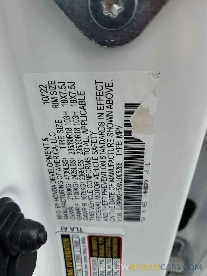 13 fotografías del automóvil dañado 5J6RW2H5XNL005286 HONDA CRV 2022