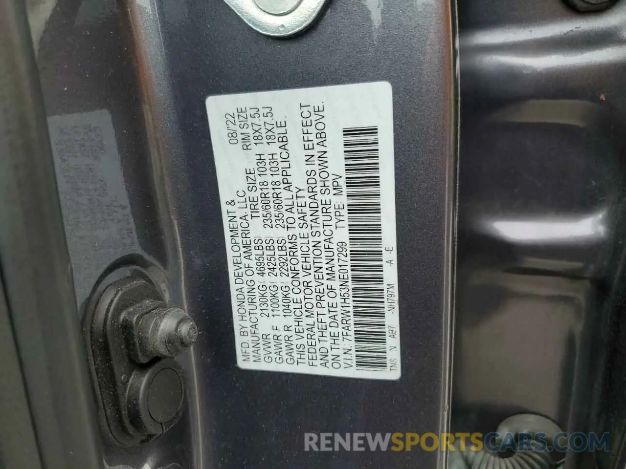 14 fotografías del automóvil dañado 7FARW1H53NE017299 HONDA CRV 2022