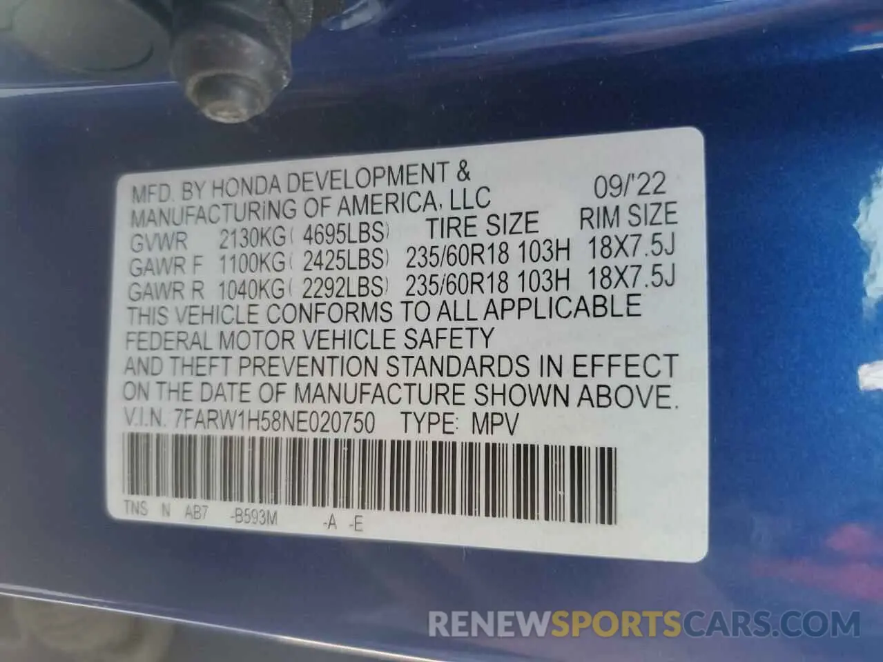 12 fotografías del automóvil dañado 7FARW1H58NE020750 HONDA CRV 2022