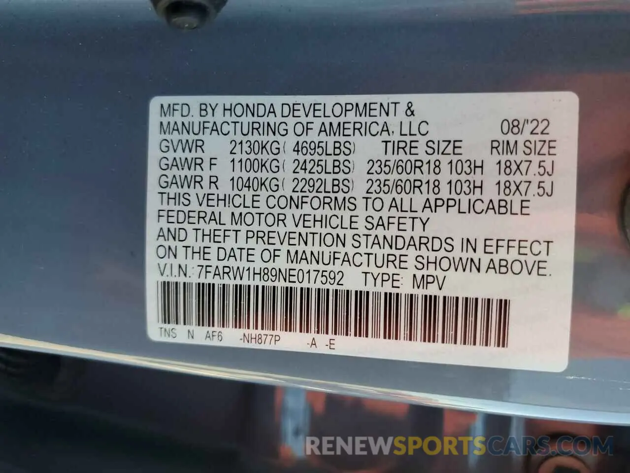16 fotografías del automóvil dañado 7FARW1H89NE017592 HONDA CRV 2022