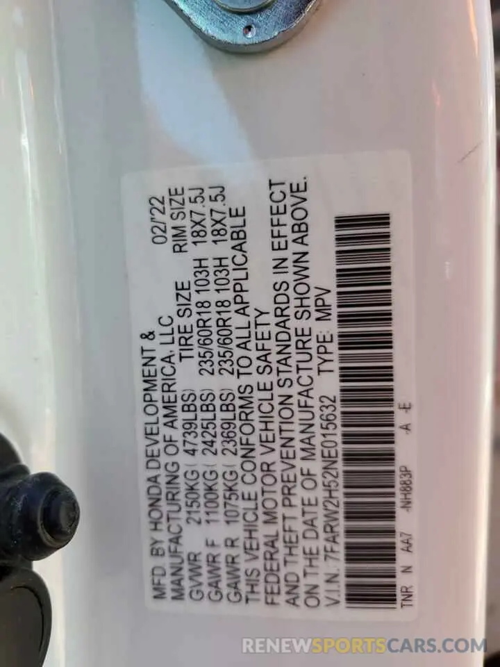 15 fotografías del automóvil dañado 7FARW2H52NE015632 HONDA CRV 2022