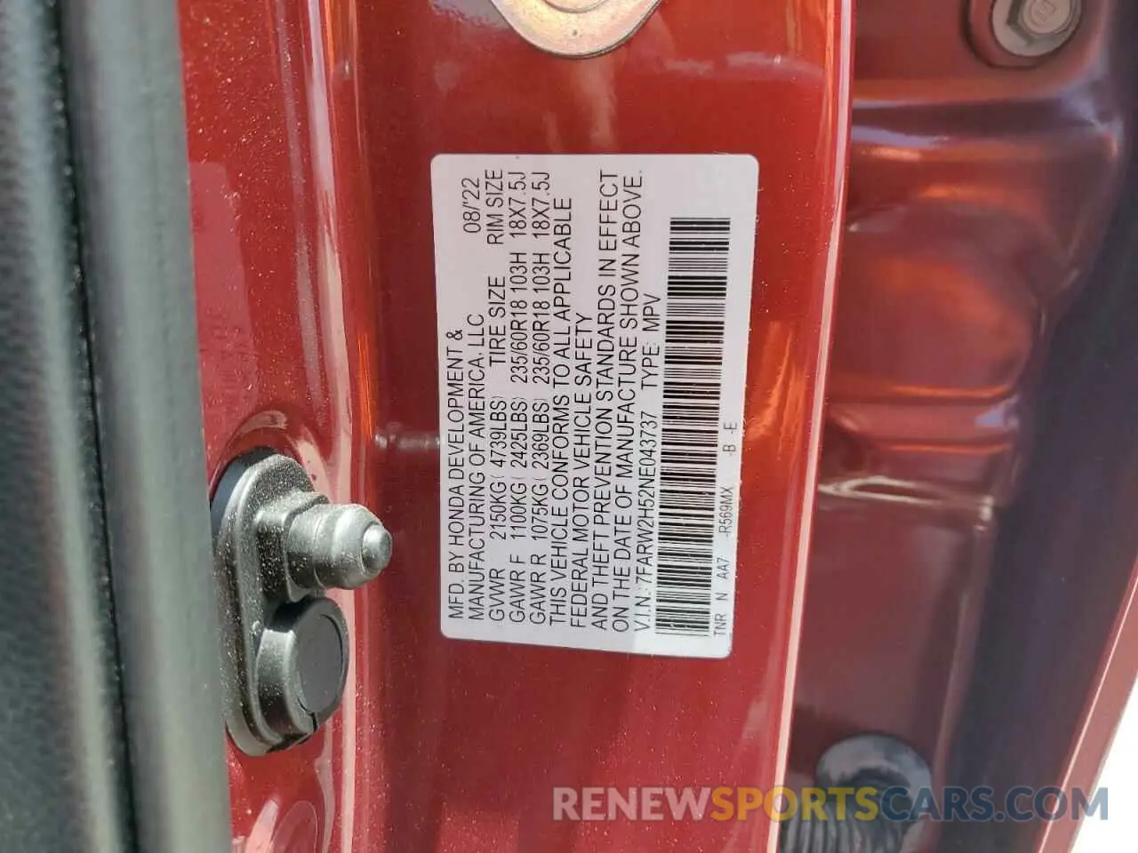 14 fotografías del automóvil dañado 7FARW2H52NE043737 HONDA CRV 2022