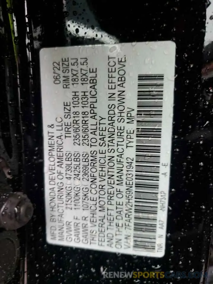 13 fotografías del automóvil dañado 7FARW2H59NE031942 HONDA CRV 2022