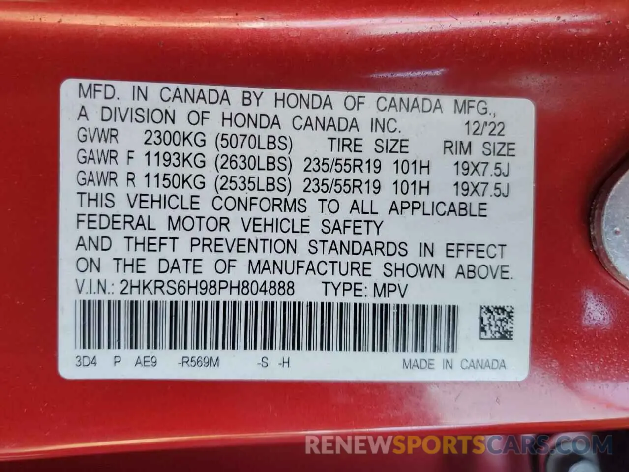 15 fotografías del automóvil dañado 2HKRS6H98PH804888 HONDA CRV 2023