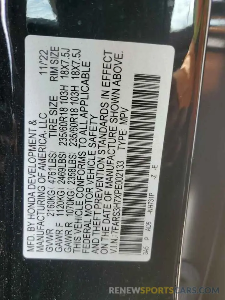 14 fotografías del automóvil dañado 7FARS3H7XPE002133 HONDA CRV 2023