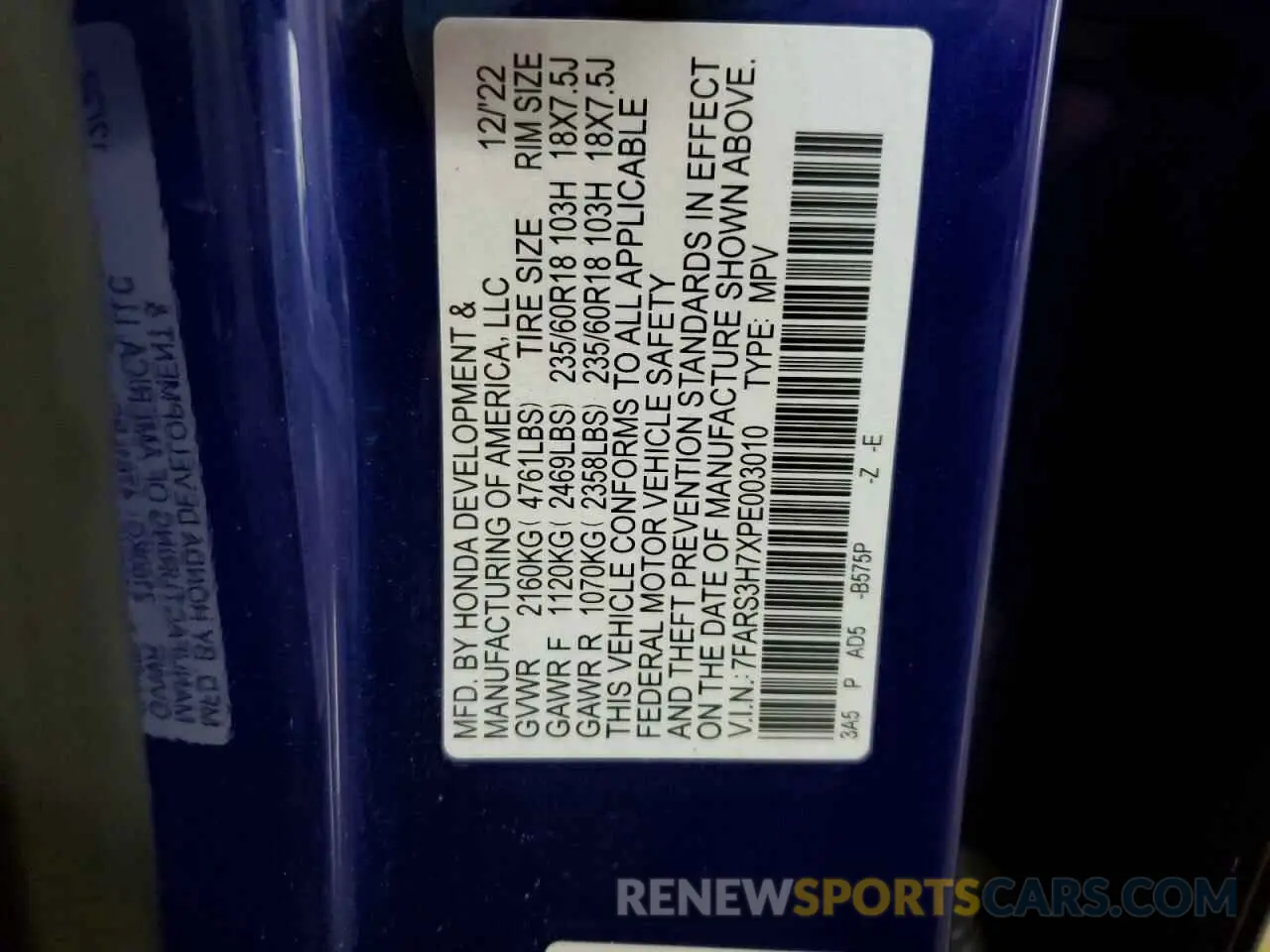 14 fotografías del automóvil dañado 7FARS3H7XPE003010 HONDA CRV 2023