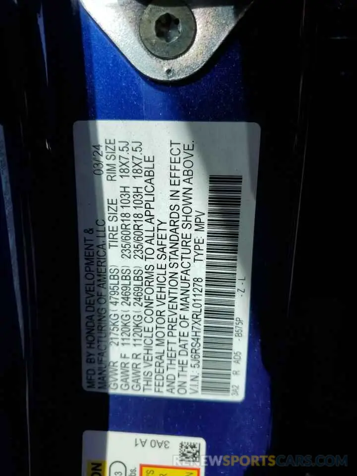 13 fotografías del automóvil dañado 5J6RS4H7XRL011278 HONDA CRV 2024