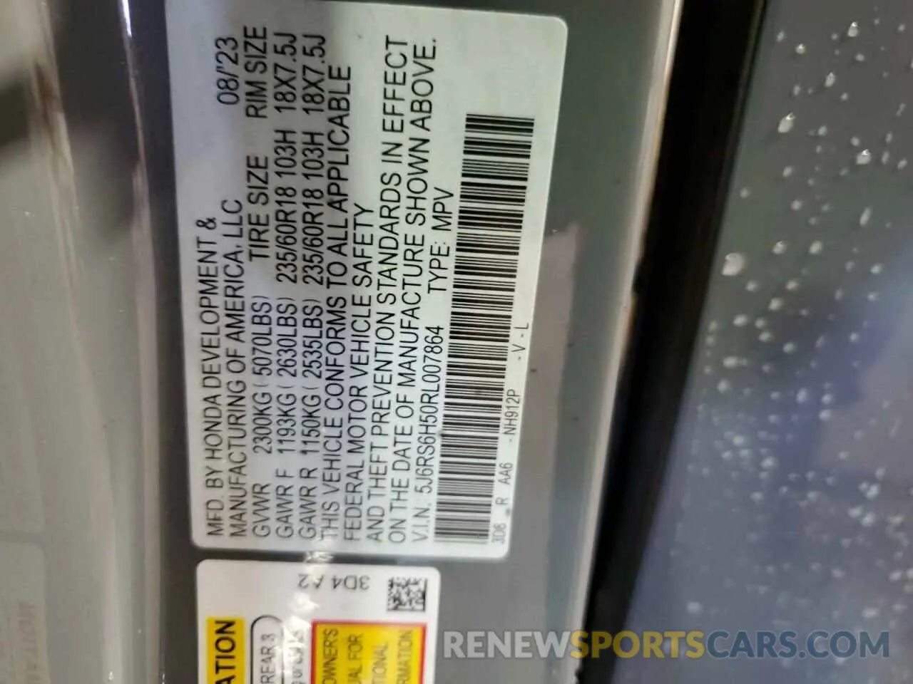 15 fotografías del automóvil dañado 5J6RS6H50RL007864 HONDA CRV 2024