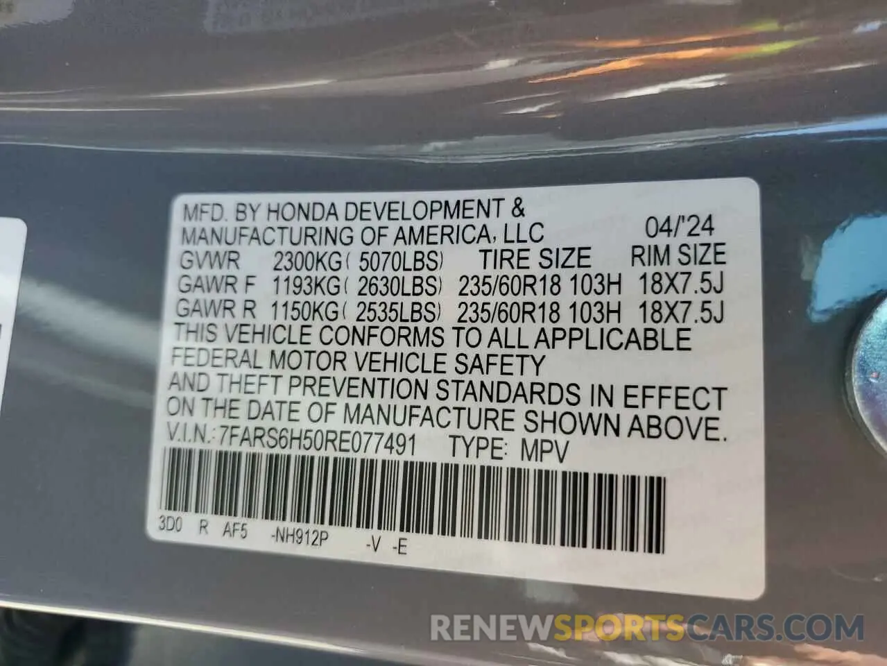 14 fotografías del automóvil dañado 7FARS6H50RE077491 HONDA CRV 2024