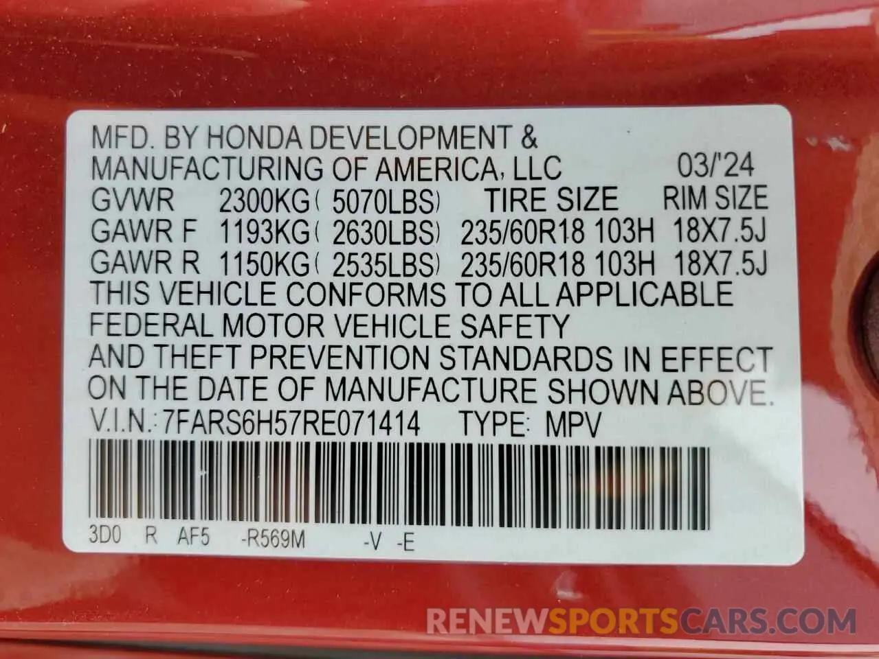 13 fotografías del automóvil dañado 7FARS6H57RE071414 HONDA CRV 2024