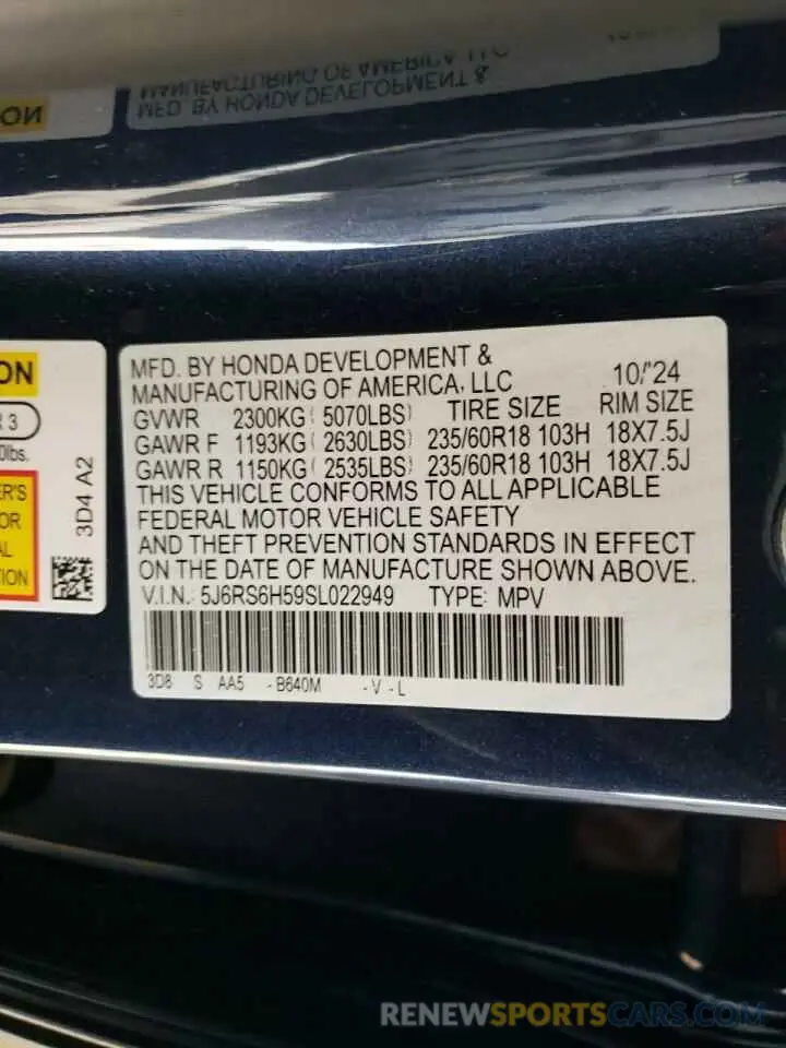 13 fotografías del automóvil dañado 5J6RS6H59SL022949 HONDA CRV 2025