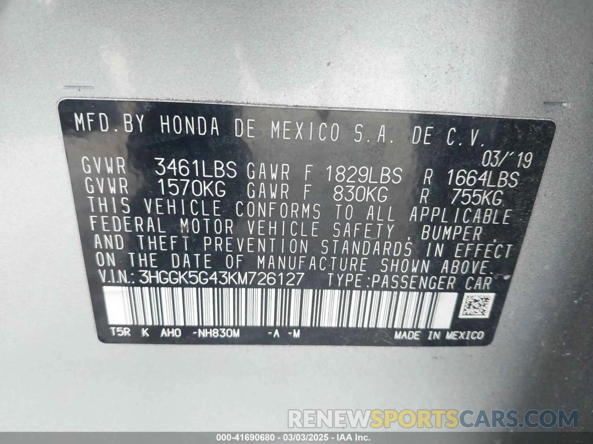 9 fotografías del automóvil dañado 3HGGK5G43KM726127 HONDA FIT 2019